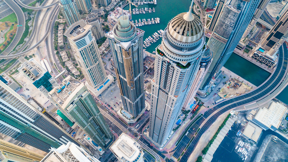 Birds eye view of Dubai Marina skyline
