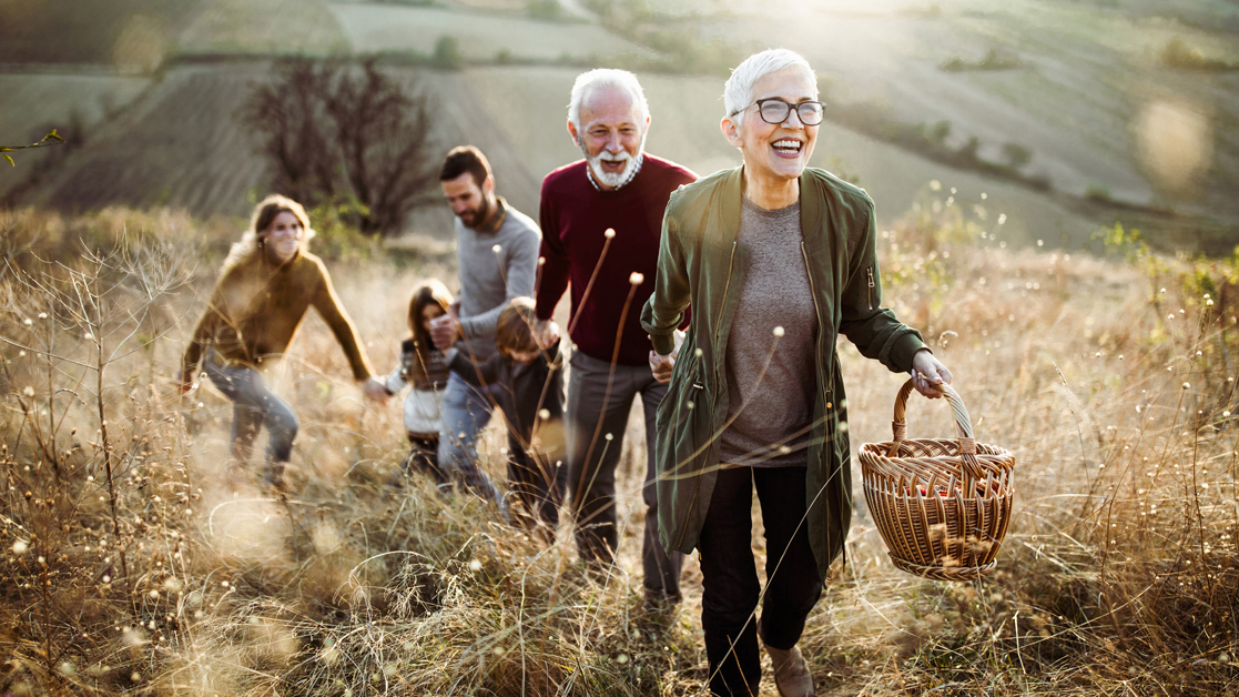 Family of five walking up a hill on their way to a picnic