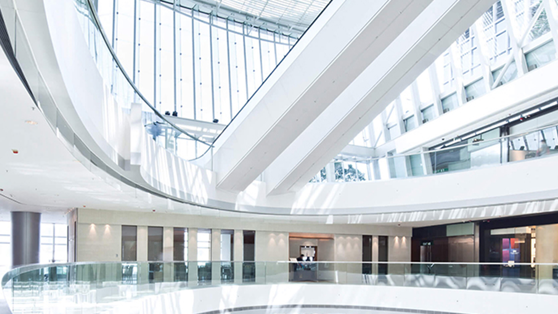 Interior of a modern, three story building