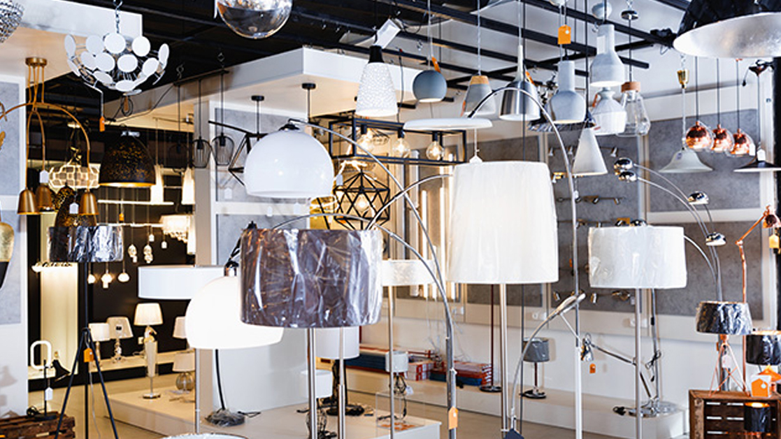 Interior of a designer furniture shop, featuring fashionable lamps