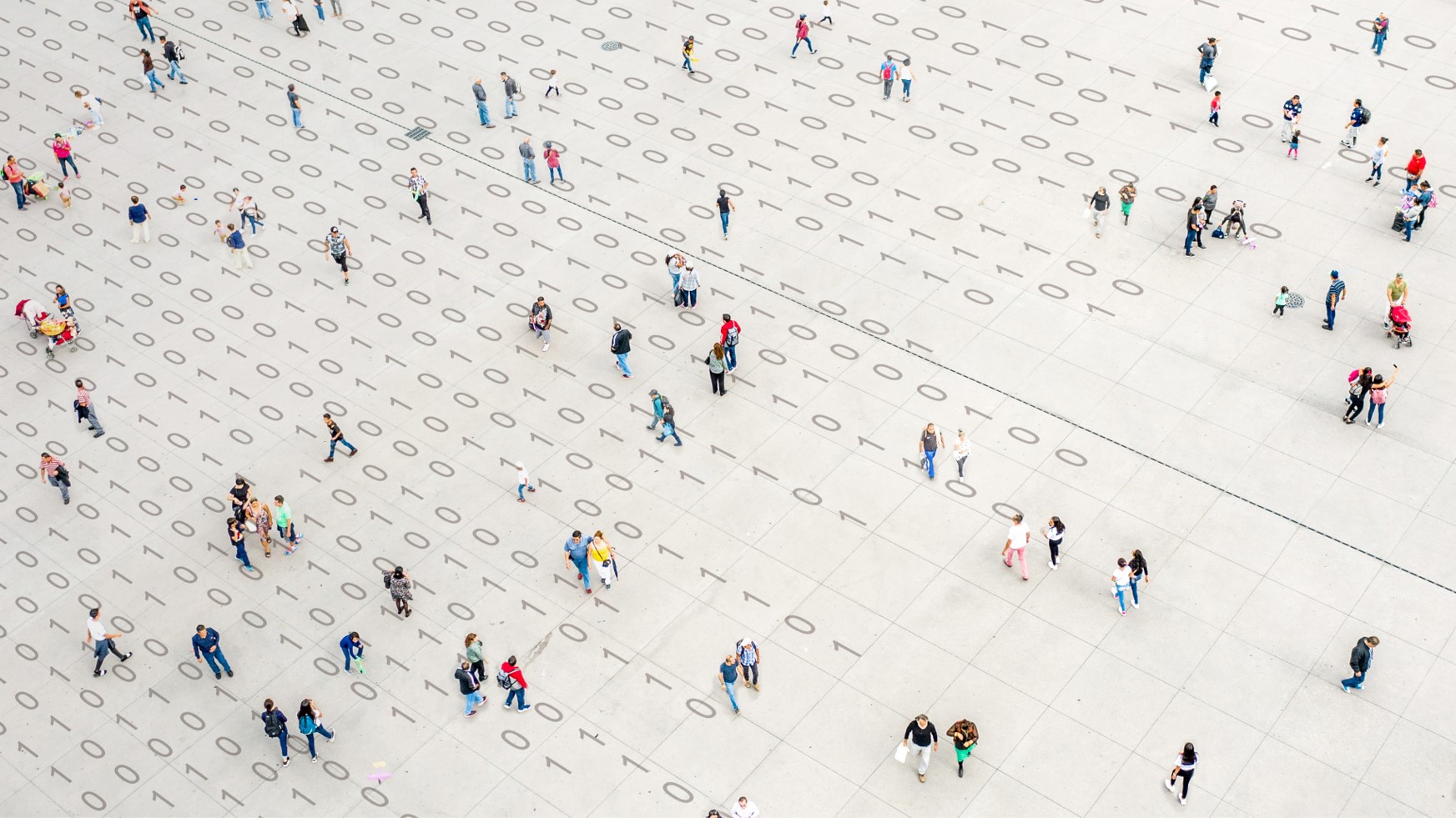 People walking on data and numbers