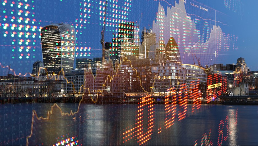 London cityscape with stock board