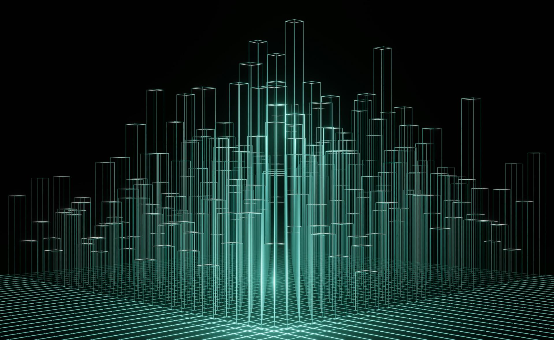 Abstract wireframe illustration of a futuristic digital city skyline, made of glowing turquoise line-art skyscrapers of varying heights against a black background, symbolizing data and digital transformation