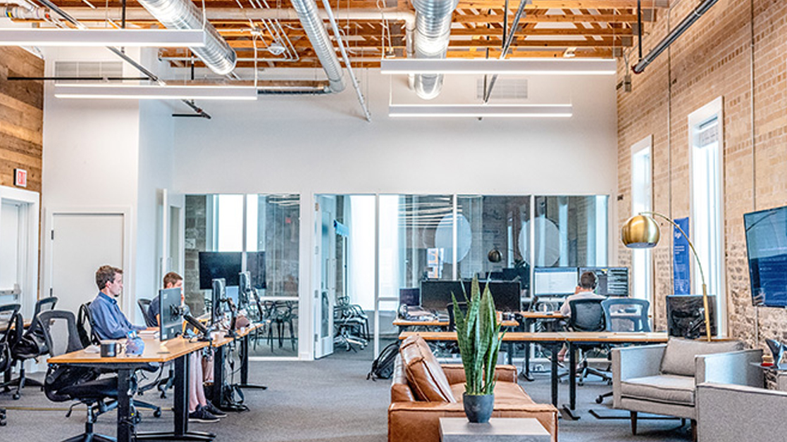 Four occupants of an otherwise empty office seated at desks, working individually on computers