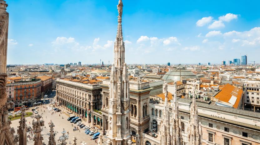 Aerial view of the Piazza del Duomo in Milan, Italy