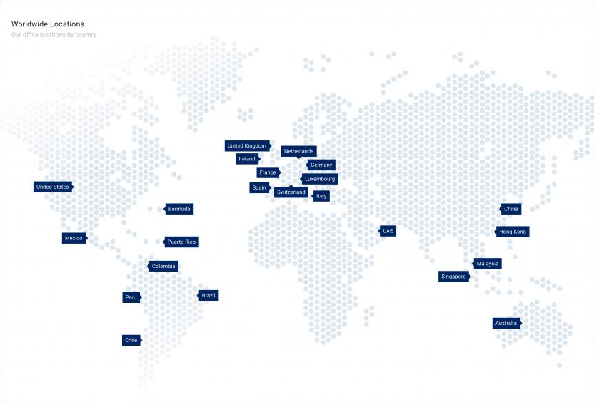 Map of world with locations of LSM offices highlighted
